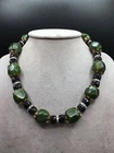 Vintage Bakelite Necklace Green Chunky Beads Black Glass Faceted Beads Jewelry