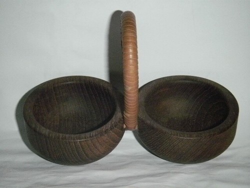 MINIMALIST TEAK WOOD ESA DENMARK CAVIAR SERVICE 2 CUPS BOWLS HANDLE TINY BASKET - Picture 5 of 12