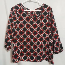 PEACH LOVE California Geo Print Blouse Shirt Top Red Black White Women's Small
