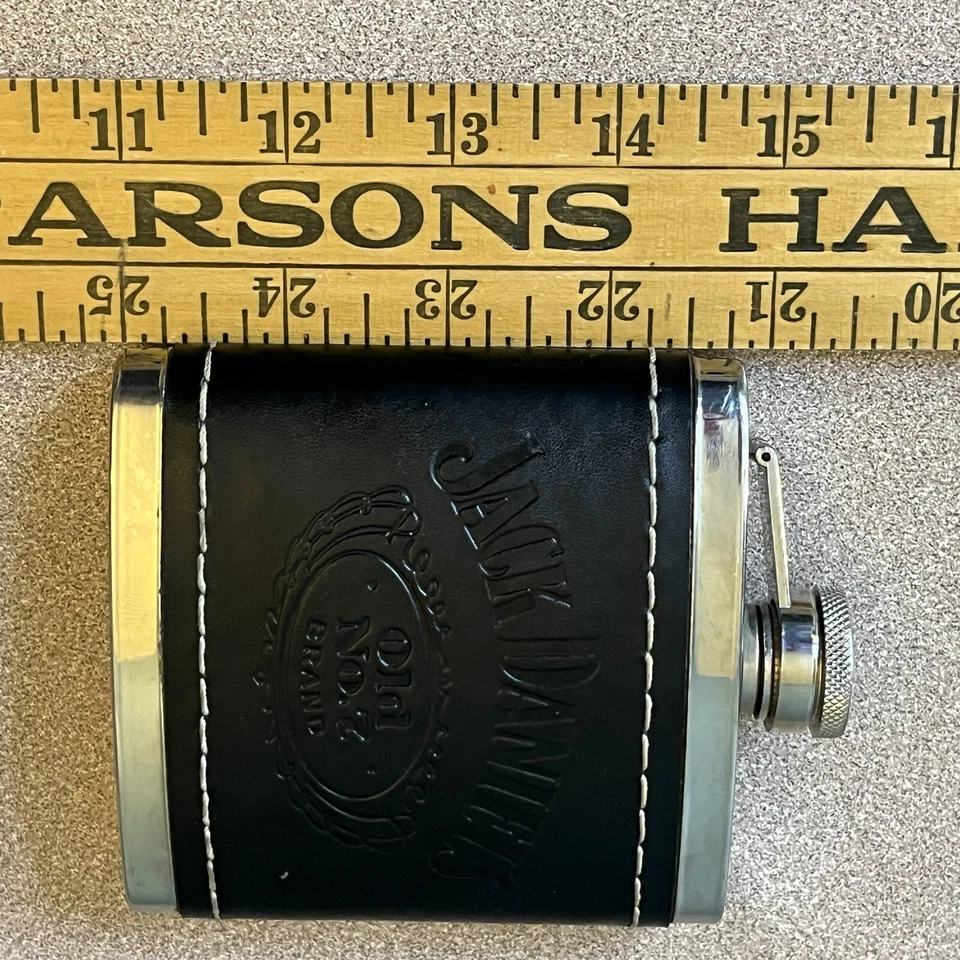 Jack Daniels Frasco Bolsillo Cadera Cuero Negro Acero Inoxidable 5oz 2009 Antiguo No. 7 Foto 3 de 4