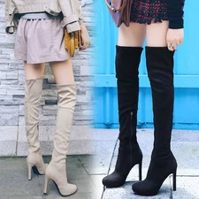 Womens Stretchy Over The Knee Boots High Stiletto Heels Round Toe Faux Suede Zip