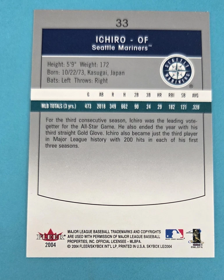 2004 SkyBox LE #33 Ichiro Seattle Mariners BASEBALL Card Y1 - Image 2 of 2