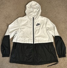 Women NIKE Medium SPORT BLACK WHITE WINDRUNNER JACKET HOODIE LOOSE FIT