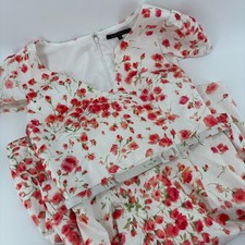 David Meister Women Dress 6 White Floral Belted V-Neck Cap Sleeve Midi Cottage