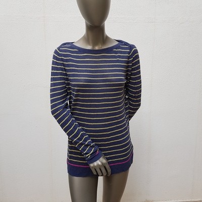 Feiner Strickpullover von Max Studio, XL, graublau / gelb, pink gestreift