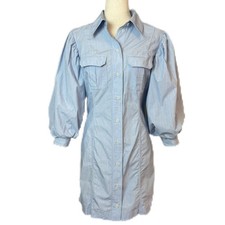 GANNI Women Size 42 /US Lg Brunnera Blue Striped Balloon Sleeve Mini Shirt Dress