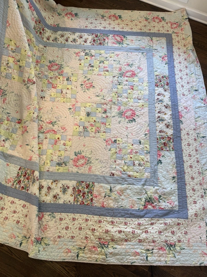 Edredón Vintage King Patchwork Floral Cottagecore Shabby Chic Azul Rosa Amarillo Foto 4 de 4