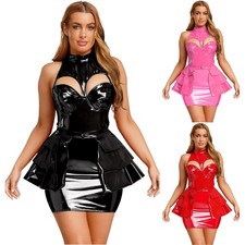 Women Gothic Punk PU Leather Dress with Tiered Ruffled Hem Skirt Rave Dance Club