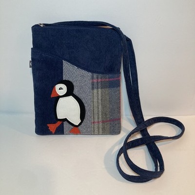 Scottish Puffin Small Blue Plaid Corduroy Shoulder Bag  Wee Box No Hang  Tags