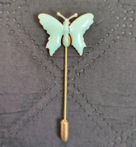 MIRIAM HASKELL Vintage Butterfly Stick Hat Pin Light Green Enamel Gold Tone
