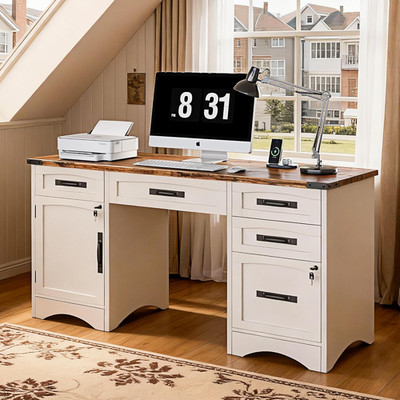Farmhouse Executive Desk with Drawers, 55'' Home Office Desks with Fast Charging 