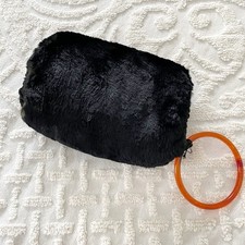 Vintage Soft Black Fur Muff Hand Warmer Plastic Bakelite  Ring Handle 10"