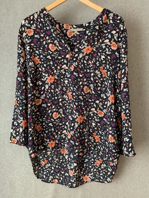 Daniel Rainn Blouse Top XXL Navy Floral Boho Lightweight V-neck Flowy HI Low Hem