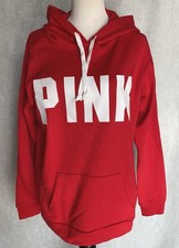 VICTORIA'S SECRET PINK Size M Red White Letters Kangaroo Pouch Hoodie Sweatshirt