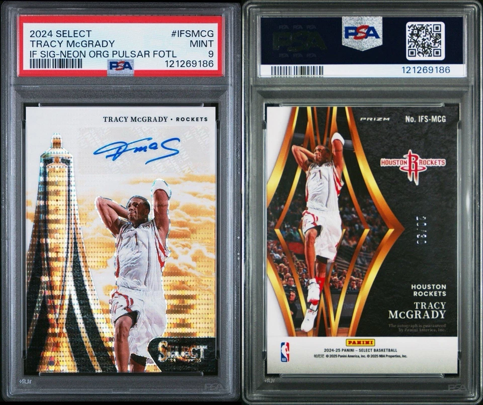 Pulsar naranja neón automático en vuelo Select Tracy McGrady 2024-25/30 PSA 9 PIES Foto 3 de 3