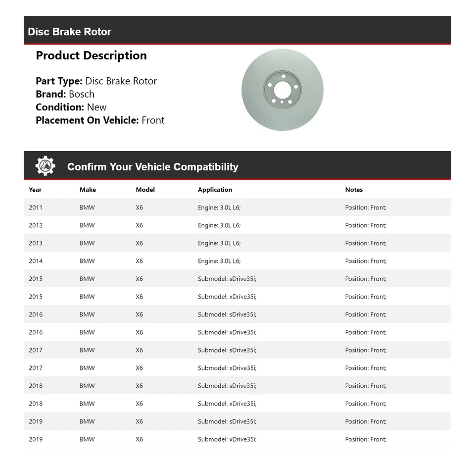 Rotor de freno de disco delantero QuietCast Bosch 2011-2019 BMW X6 2012 2013 2014 2015 Foto 2 de 4
