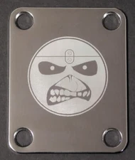 GUITAR NECK PLATE - Engraved PhotoEtched - IRON MAIDEN Eddie Smiley Face CHROME