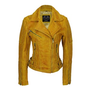 yellow leather biker jacket