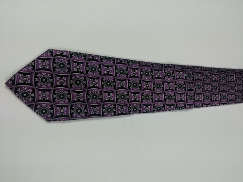Bruno Piattelli Roma Long Mens Tie, Purple w/ Black White Geometric Pattern - Picture 4 of 9