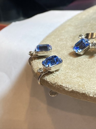 VINTAGE SIGNED VAN DELL STERLING EMERALD CUT BLUE STONES LAVALIER NECKLACE SET - Picture 9 of 23