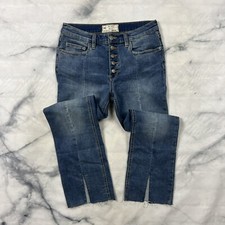 Free People Cropped Exposed Button Front Jeans Size 27 Hem Slit Frayed Kick Crop