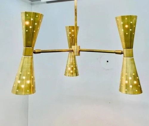 Mid Century Brass 3 Arm 6 Light Chandelier Italian Stilnovo Swing arm Chandelier - Picture 3 of 8