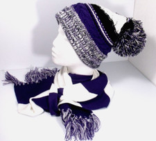 Sport Tek Cable Knit Winter Pom Pom Beanie Hat  Scarf Women Purple White Black
