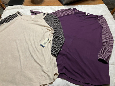 2 NWT TERRA & SKY OX 14W COLOR BLOCK 3/4 STRIPED SLEEVE TOPS PURPLE BEIGE
