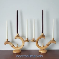 2 Folk Rustic Candle Holder Candelabra HandTurned Wood Bohemian VTG Transylvania