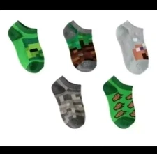 Minecraft Boys No Show Socks  5 Pair Green Gray Sizes 4.5-8.5 Boys Small