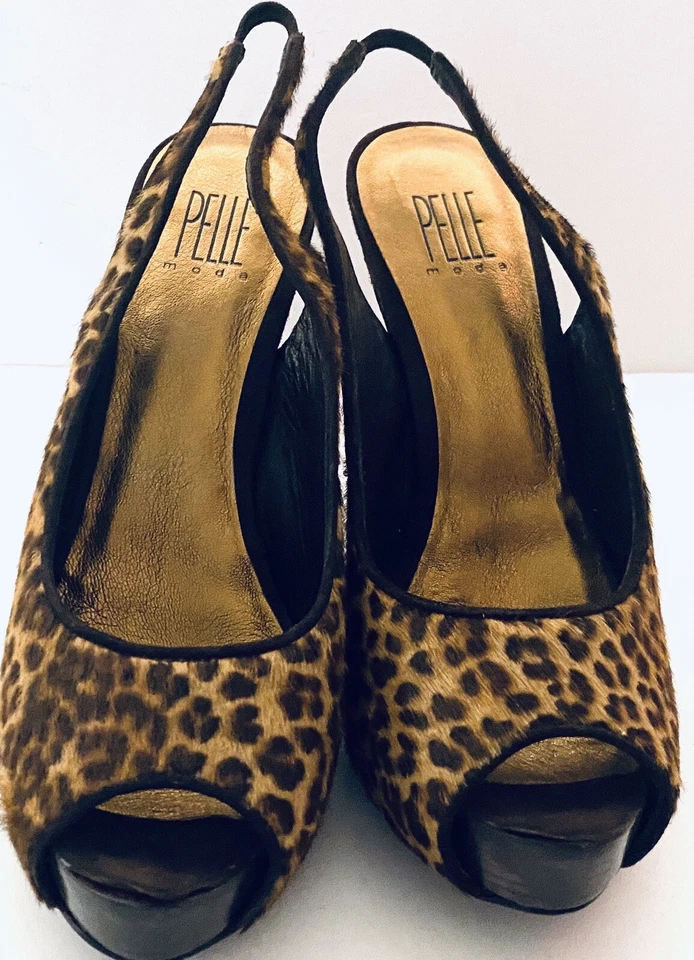 Sapatos PELLE Moda 8.5M peep-toe chita leopardo animal salto estilingue em excelente estado usado! - Imagem 2 de 4