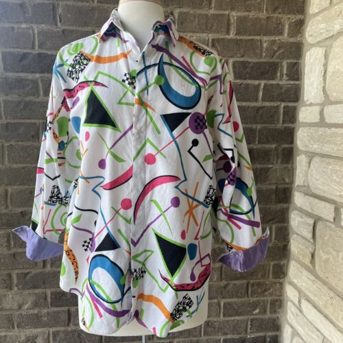 Vintage 80s Esprit Sport Button Shirt Abstract Bright Colorful Design Size S - Afbeelding 1 van 11