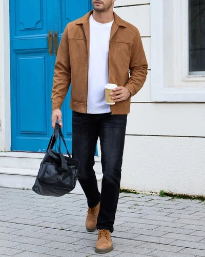 Men's Suede Bomber Jacket Casual Soft Lightweight Leather Jacket Light Brown image 3