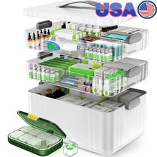 3 Layer Clear Medicine Organizer Portable Storage Box W/ Adjustable Trays New