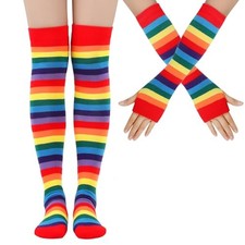 Over Knee Thigh High Socks and Gloves Striped Arm Leg Warmers Set Rainbow