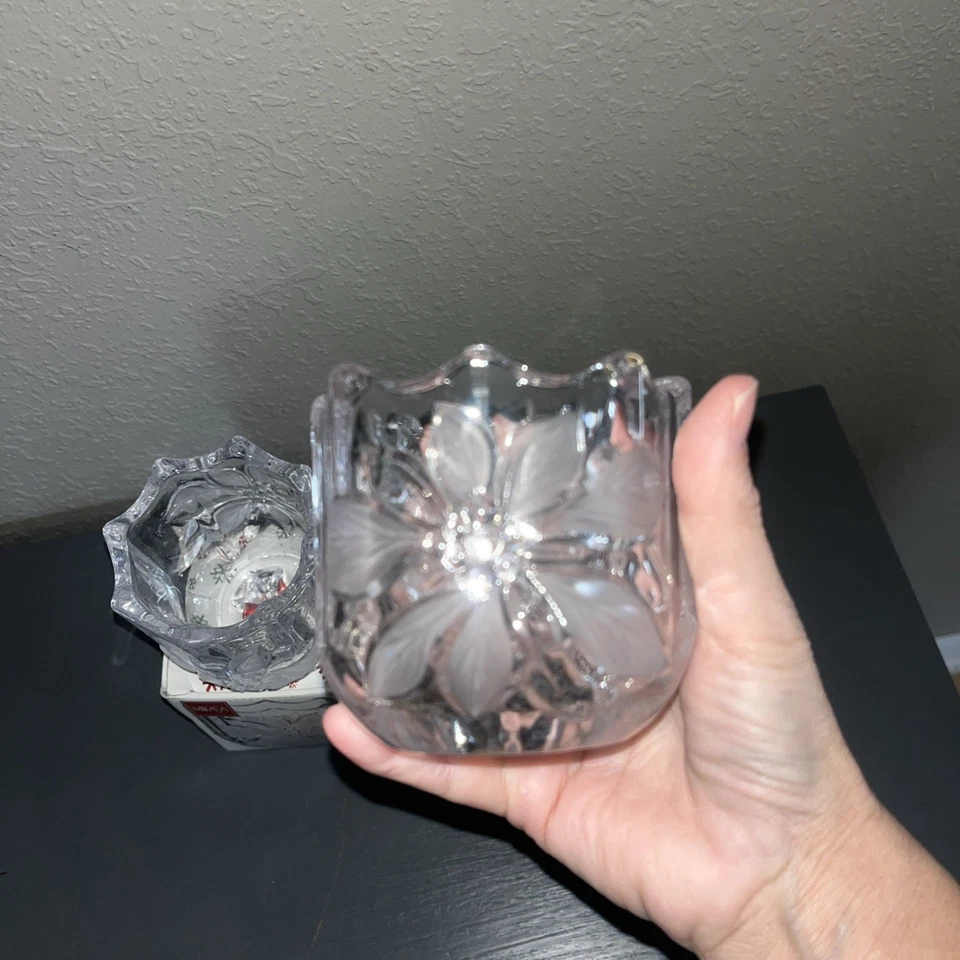 2 soportes para velas votivas Mikasa festivas Poinsetta caramelo nuez vacaciones, vidrio transparente Foto 4 de 4