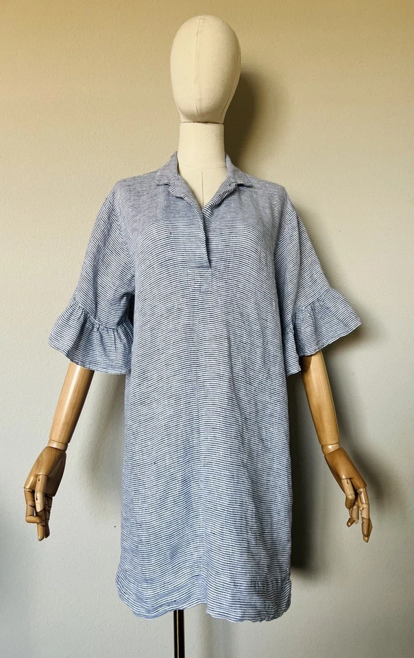 Vestido Anthropology Corey Lynn Calter Talla Pequeña A Rayas Azul Marino Blanco Lino Foto 3 de 4