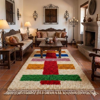 Moroccan Azilal Rug Colorful Tribal Handmade Wool Boho Geometric Area Carpet