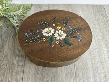 Vintage Wooden Box Oval Shape Hand Painted Floral Lid Made In Yugoslavia
