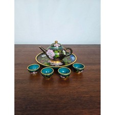 Vintage Chinese Cloisonn  Mini Tea Set Black Gold Floral Teapot Cups Plate