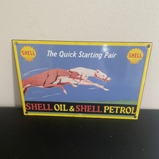 VINTAGE SHELL DOG STARTING PAIR GASOLINE OIL PORCELAIN SIGN