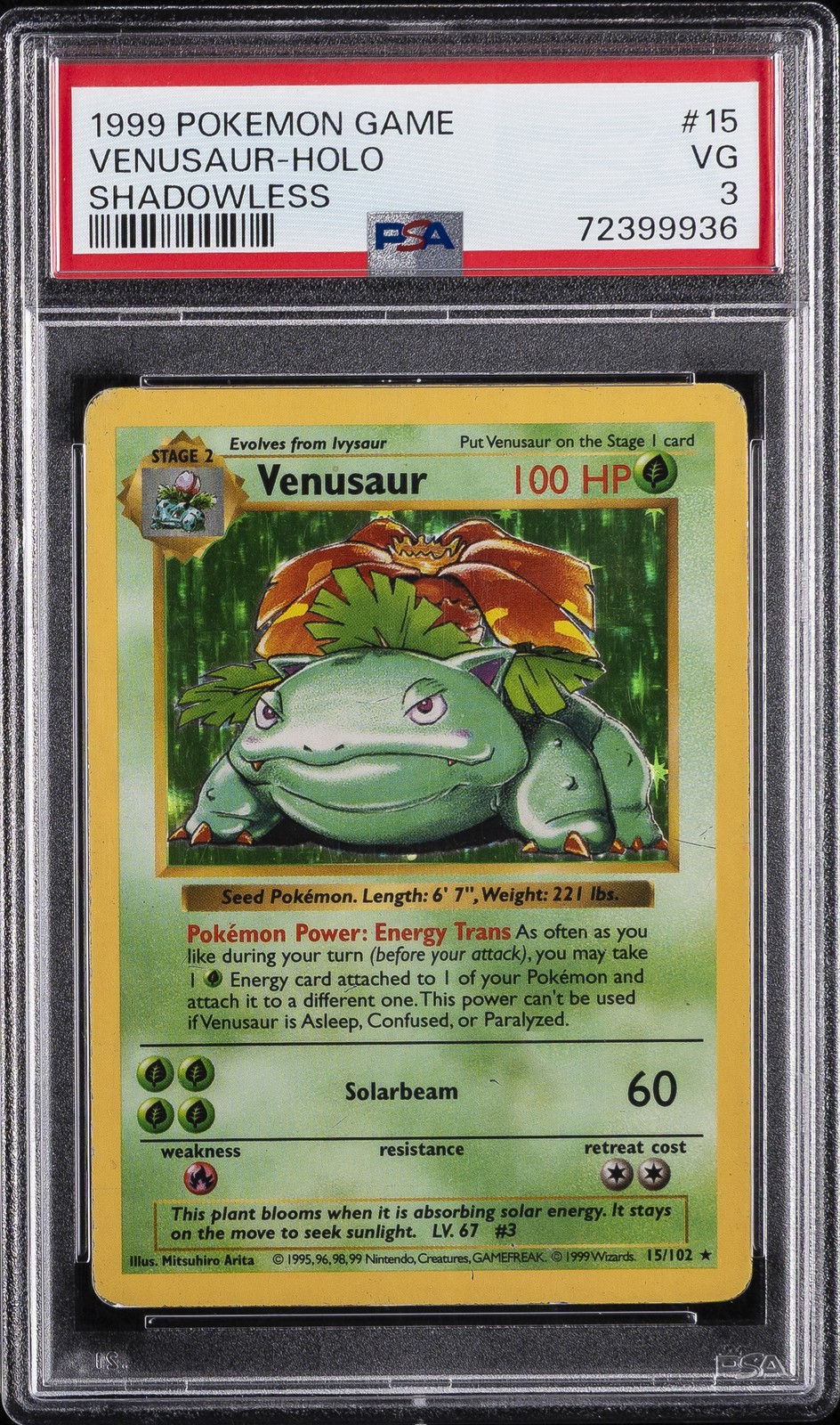 1999 POKEMON BASE SET SHADOWLESS #15 VENUSAUR-HOLO PSA 3