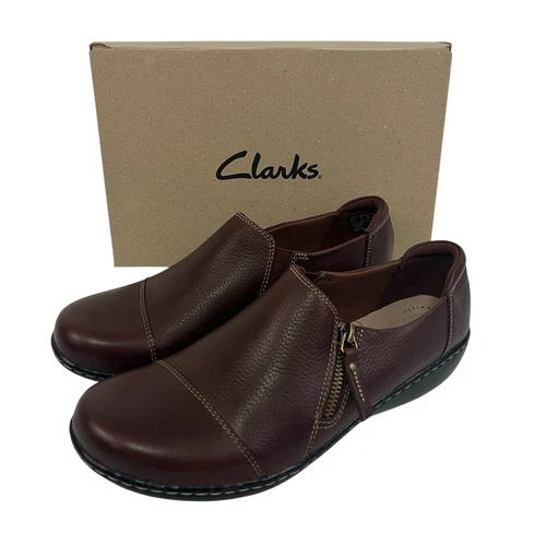 Mocassini donna Clarks taglia 9 larghi slip on zip pelle marrone nuovi 8953