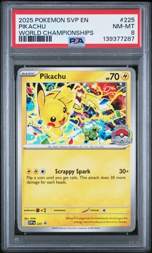 2025 POKEMON SVP EN-SV BLACK STAR PROMO WORLD CHAMPIONSHIPS #225 PIKACHU PSA 8