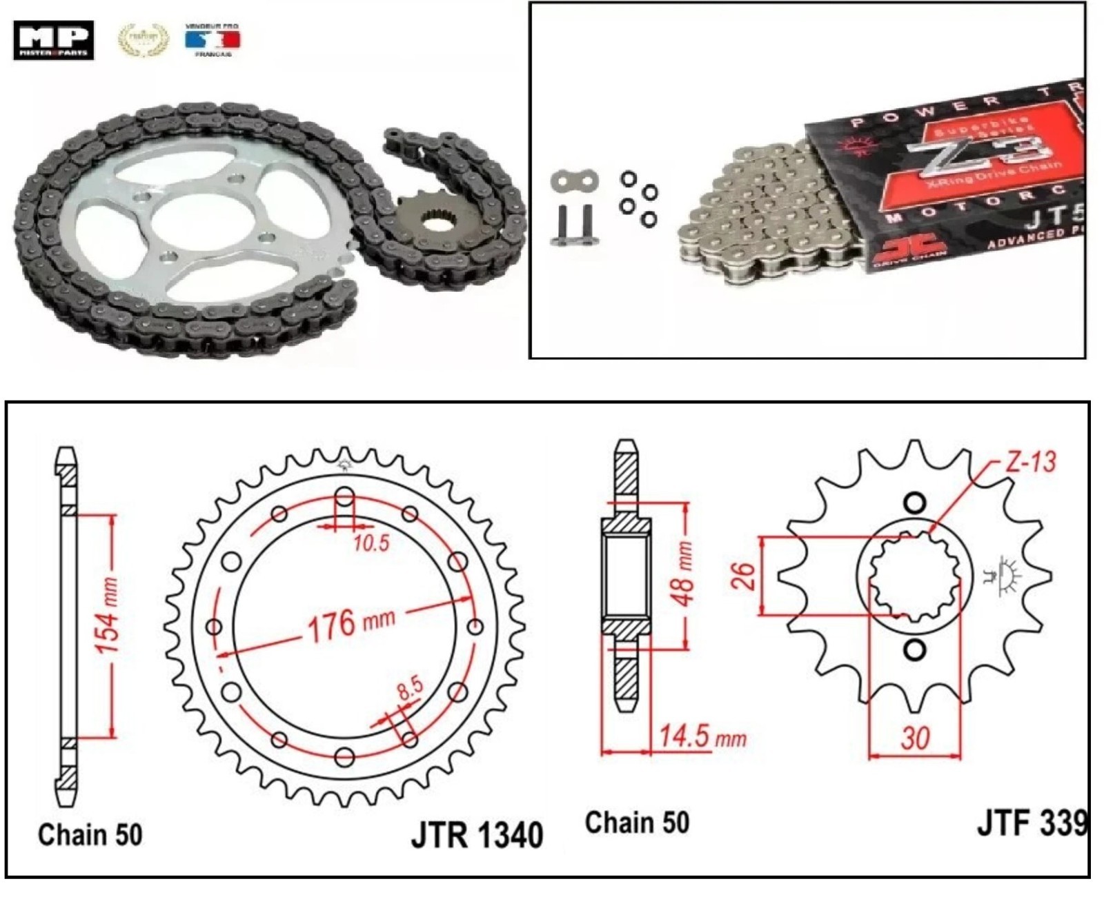 Kit chaine 530 Z3 X-ring haute performance pour Honda VFR800 F1 de 2002 à 2013
