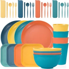 36PCS Wheat Straw Dinnerware Sets - Reusable Plates and Bowls Sets, Unbreakable
