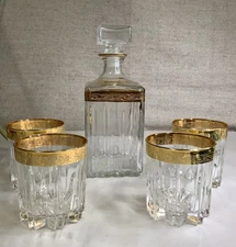 Vintage Interglass Whiskey Bar Set Gold Details, Decanter And Four Glasses Italy