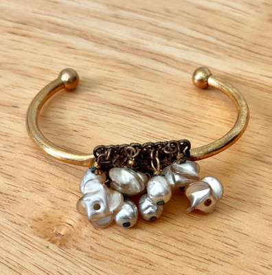Vintage Miriam Haskell Small Faux Pearl Beaded Cha Cha Open Cuff Bracelet Signed