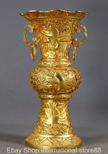 10.2" Qing Qianlong Marked Copper 24k Gilt Crane Bird 2 Ear Flower Vase Bottle