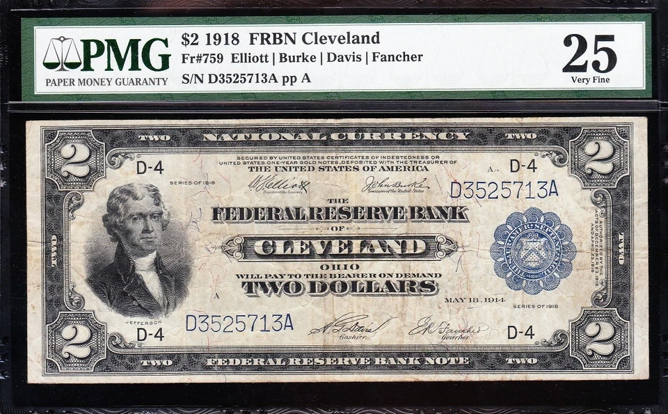 VERY NICE Bold & Crisp VF+ 1918 $2 Cleveland BATTLESIHP FRBN Note! PMG 25! 25713 - Image 2 of 3